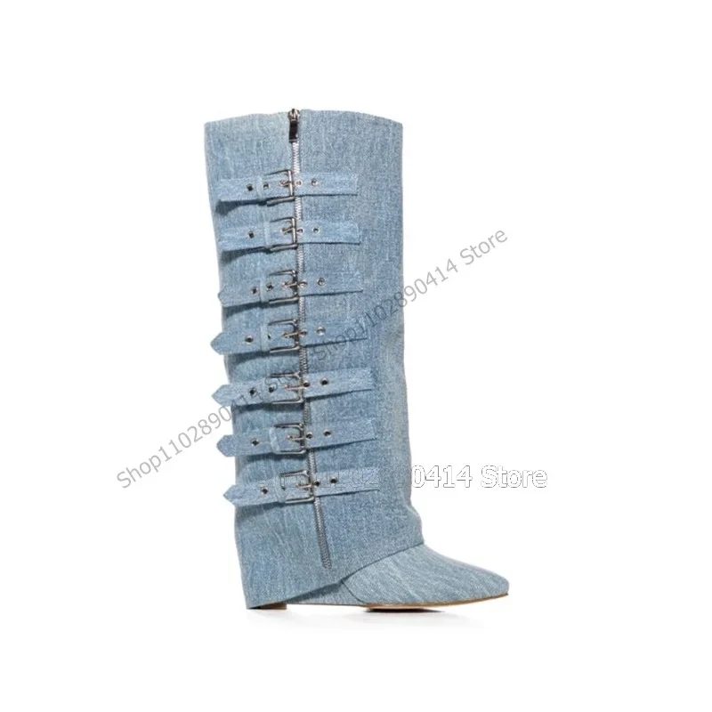 

Blue Denim Buckle Decor Pointed Toe Boots Turned Over Side Zipper Women Shoes Wedge Heel Novel Fashion 2023 Zapatos Para Mujere