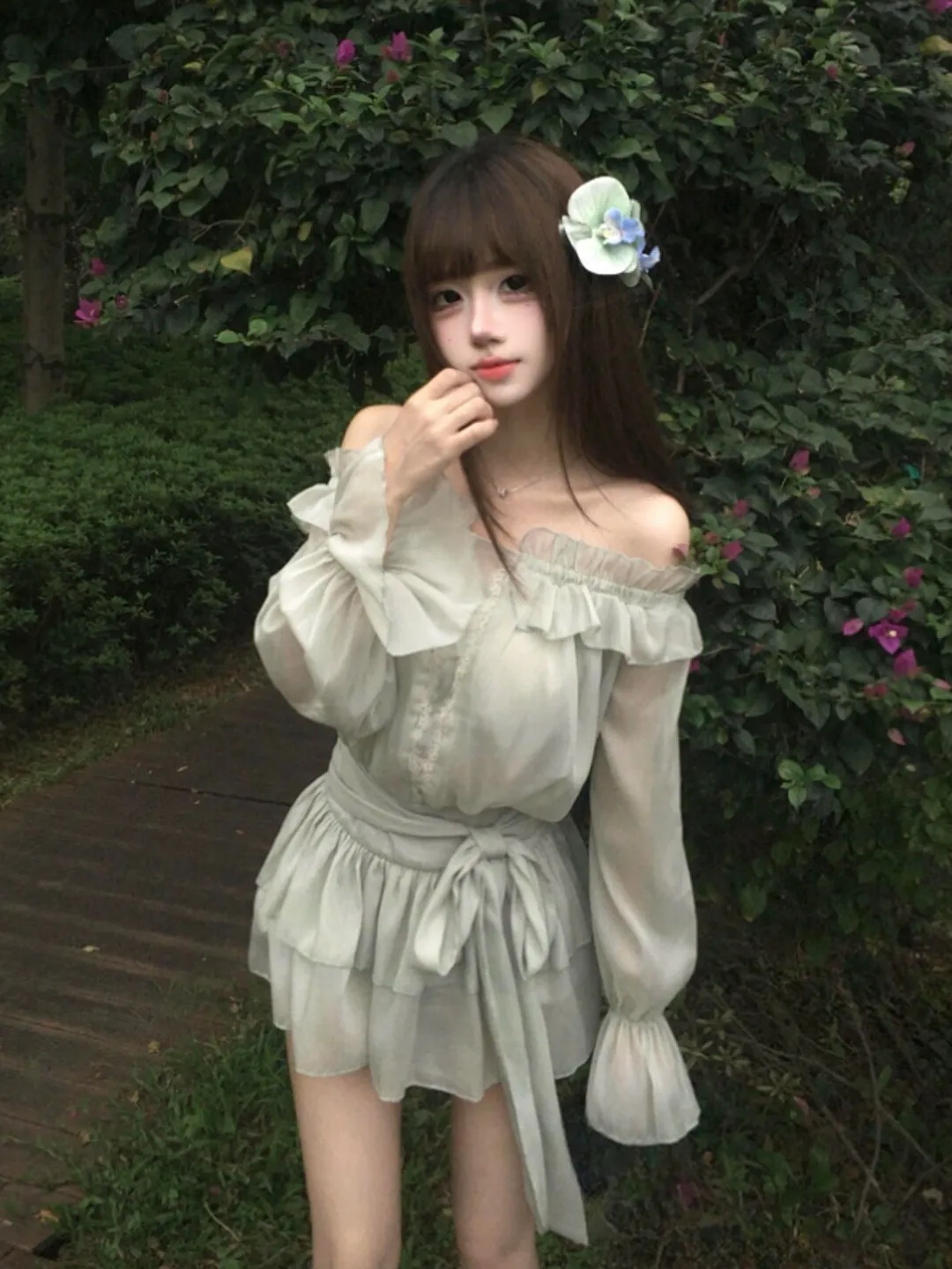 

French Style Belted Shoulder Bared mid High Waist Slimming Summer Dress for Young Women Elegant Unique Stylish Cotton Dress
