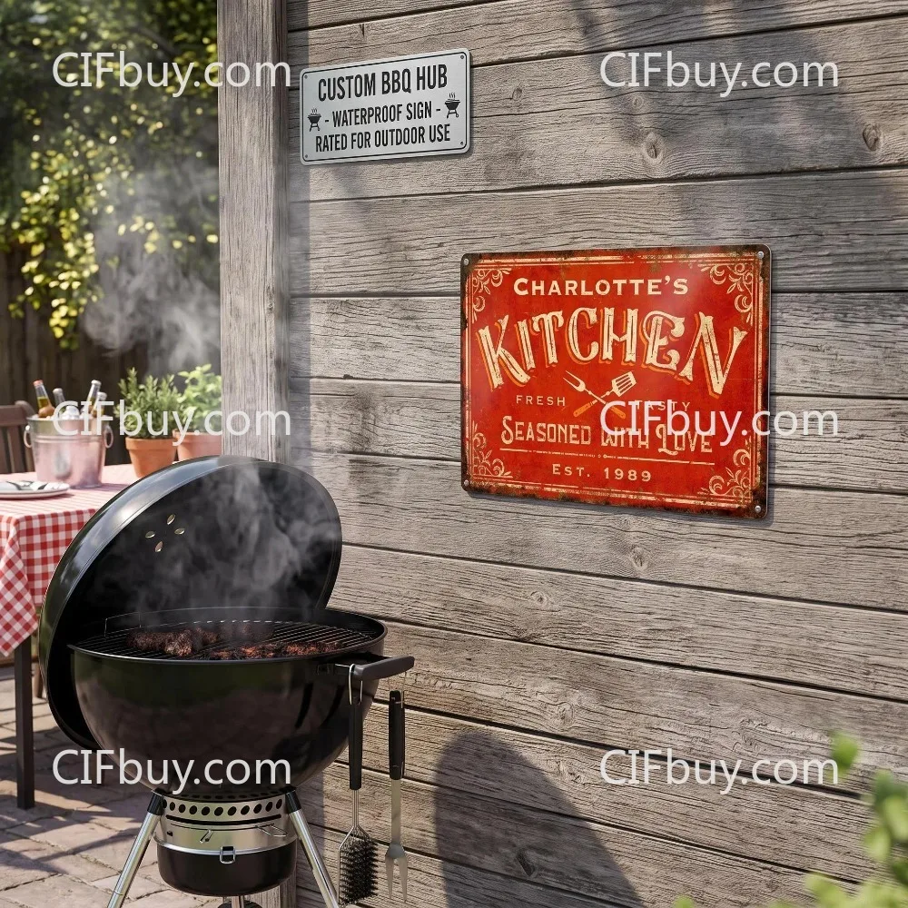[2D Flat] Custom Kitchen Vintage Metal Sign, Personalized Name Est Year Wall Plaque, Outdoor Patio BBQ Decor (Only For Decoratio