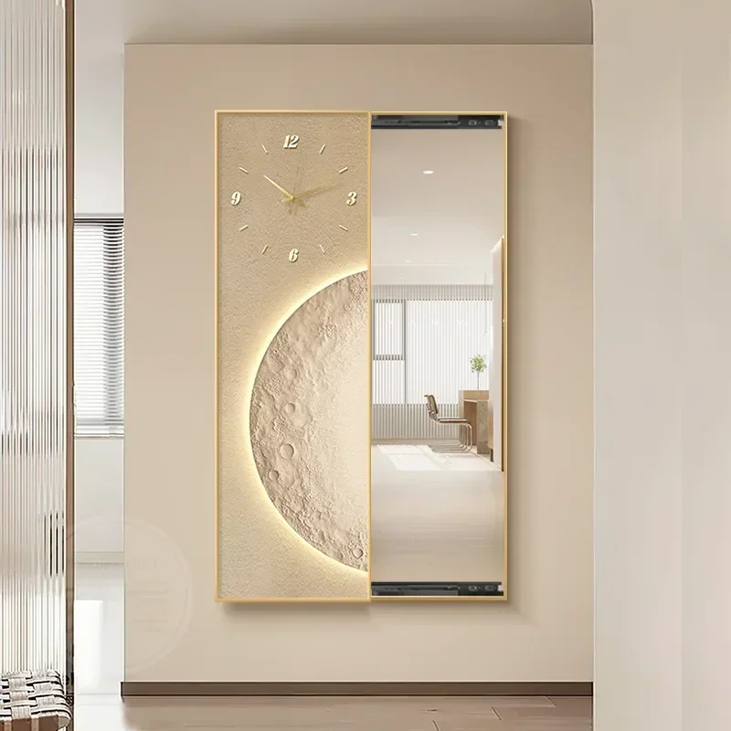 Invisible full-length mirror moon mural push-pull hidden full-length decorative painting living room wall with clock