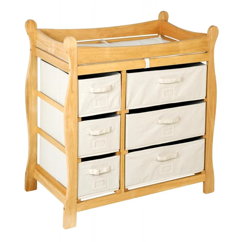 

Natural/Ecru Basket Sleigh Changing Table, Diaper Station with 6 Removable Storage Baskets, Safety Rails, Pad & Belt