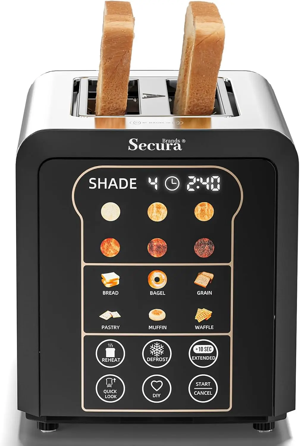Home Stainless Steel 2 Slice Toaster, Touch Screen Smart, 6 Bread Types, 6 Browning Levels, Custom Memory Settings