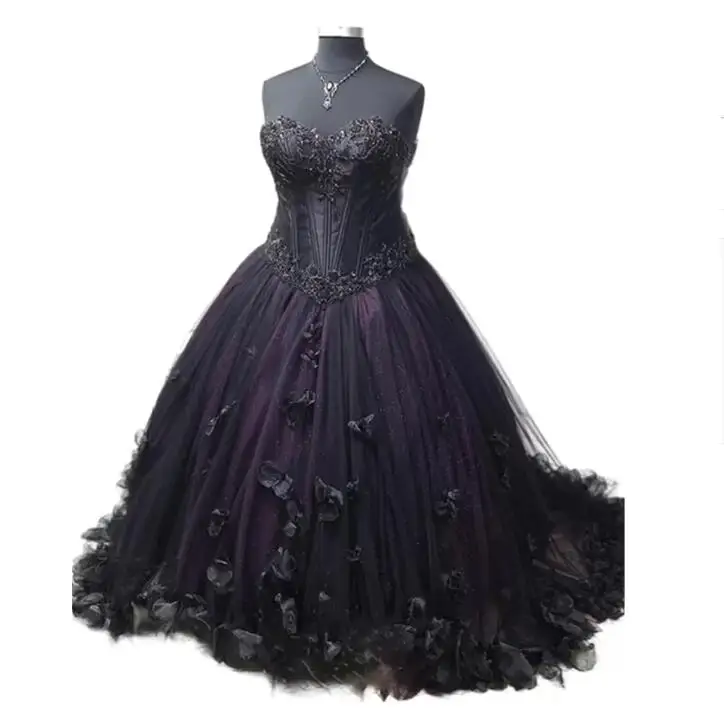 Gothic Black Purple Wedding Dresses 3D Floral Flowers butterfly Appliques lace-up Victorian Bridal Dress Romantic customsized