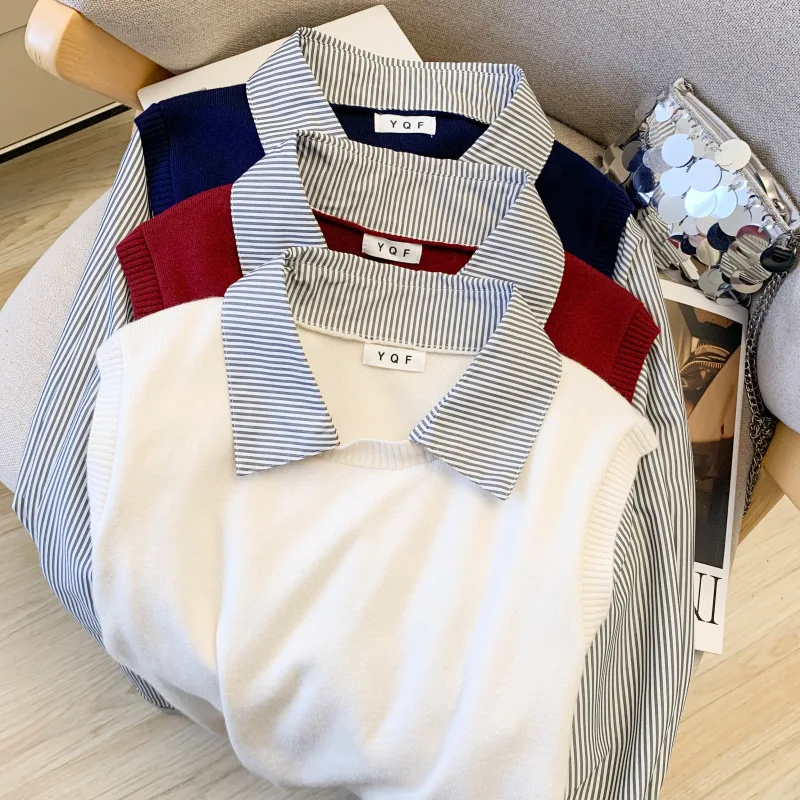 Maglione da donna a maniche lunghe a righe finte in due pezzi 2025 New Fashion Colletto con risvolto Pullover larghi Tendenza autunnale Top casual