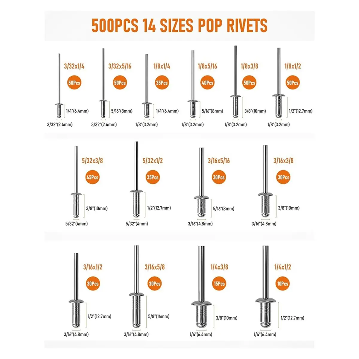 【BAAQ】 1000PCS Aluminum Rivets Assortment Kit,14 Sizes Rivets (3/32In 1/8In 5/32In 3/16In 1/4In), Assorted Blind Rivets