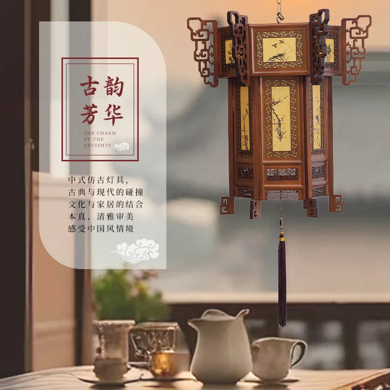 Chinese antique palace lamp solid wood hexagonal lantern villa gate temple balcony festival outdoor project chandelier wholesale