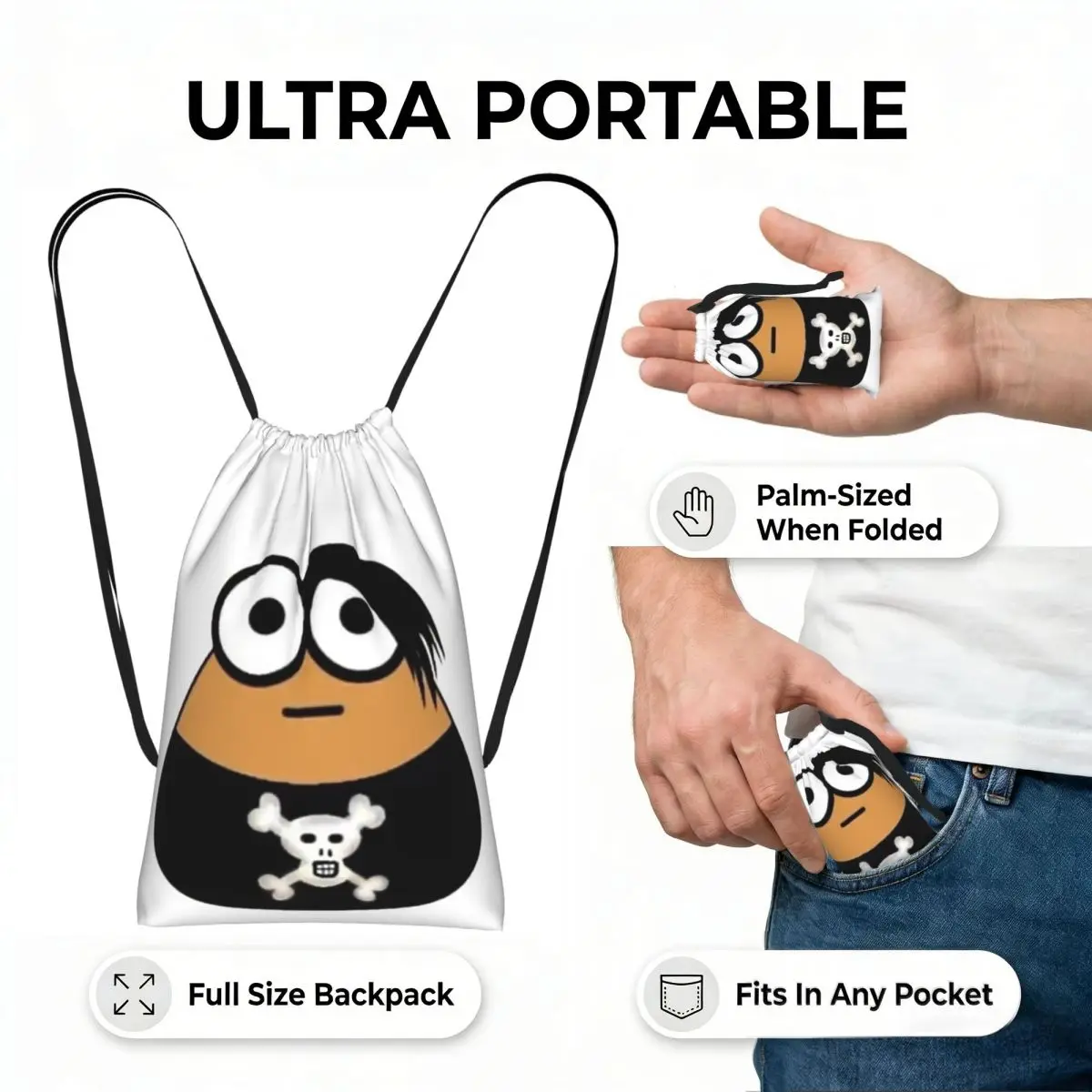 Emo Goth Pou Meme Brown Alien Baby Mobile Pet Drawstring Backpack hiking cycling Bag Portable Travel Drawstring Bag Men Women