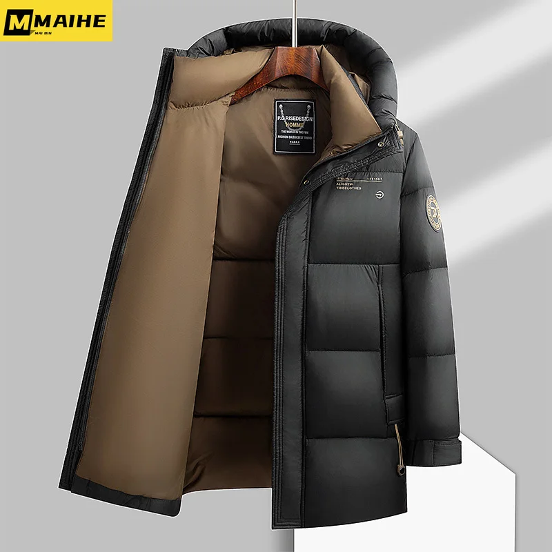 Winter Men Black Down Basic Coats Coffee & Blue Lining White Duck Down Thermal Puffer Parkas Hooded Warm Lightweight Outerwear