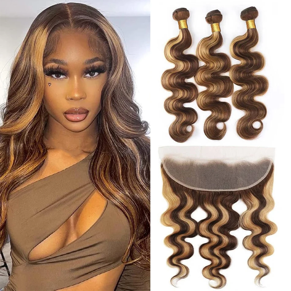 

Bundle With Frontal Body Wave #4/27 Highlight Colored Honey Blonde Brazilian Remy Virgin Human Hair 3 Bundles With 13x4 Frontal