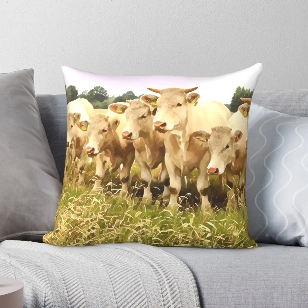Funda de cojín decorativa Charolais Cattle, de poliéster, lino y terciopelo, con patrón y cremallera, para habitación, venta al por mayor, 45x45