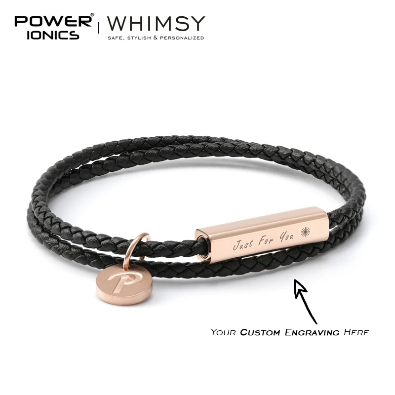 POWER IONICS WHIMSY Series Men Women Genuine Leather Wrap Charm Bracelet Gifts Free Custom Engraving