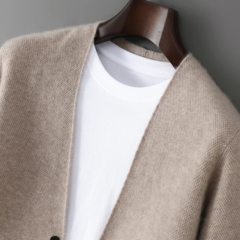 2025 New Products 100% Merino Wool Men's V-neck Knit Cardigan Autumn Winter Solid Color Business Casual Cashmere Jacket Sweater