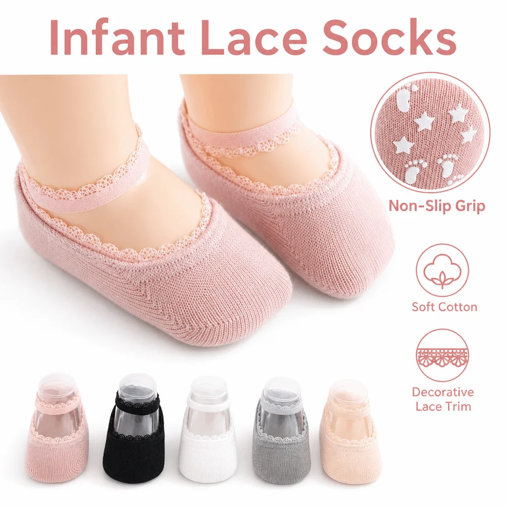Adorable Solid Color Infant Lace Socks Rubber Soles Breathable Newborn Socks Soft Cotton Anti-slip Baby Socks Summer Baby Wear