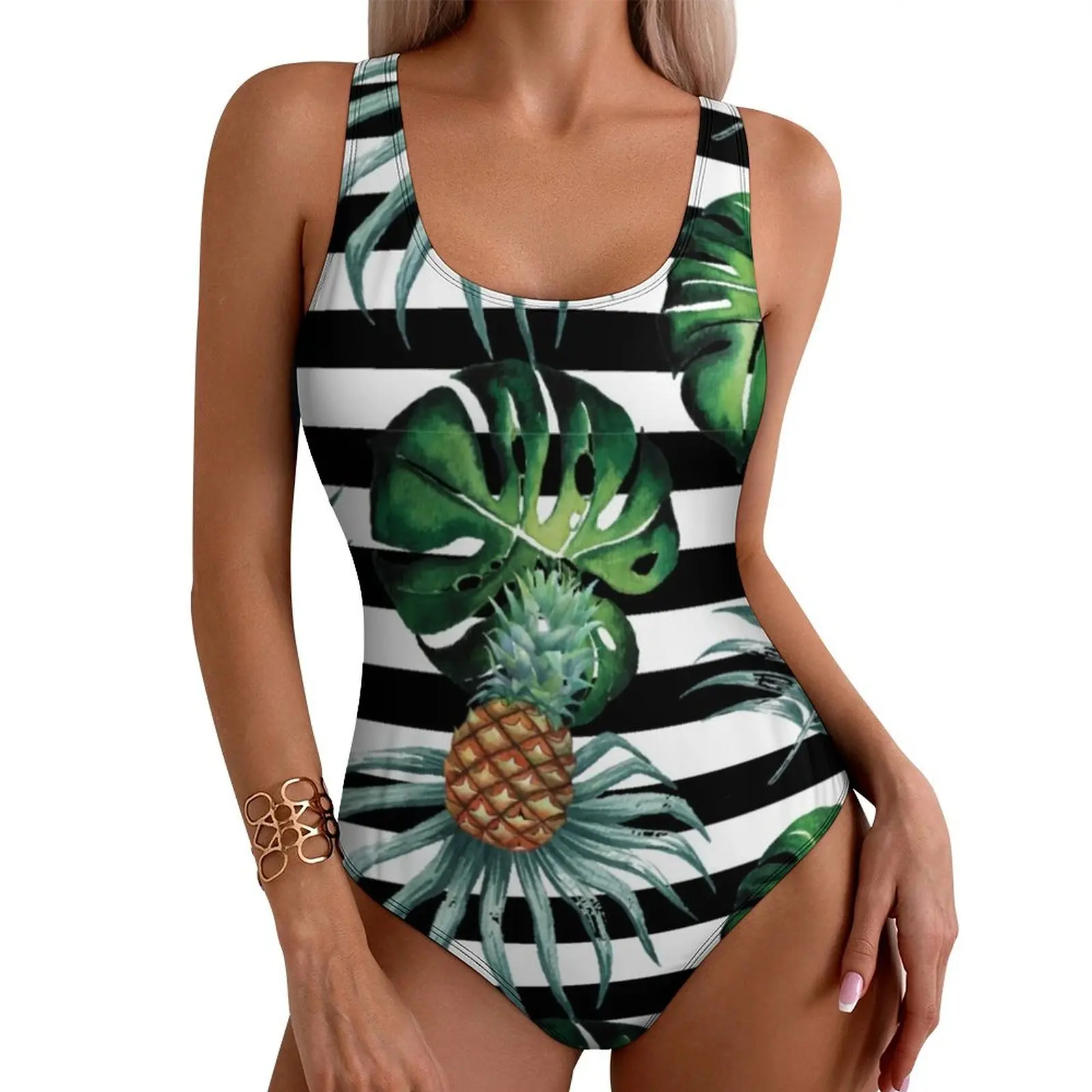 Tropical Pineapple Swimsuit Sexy Black Stripes Print Women Swimwear One Piece Stylish Bodysuit Vacation Push Up Beach Outfits