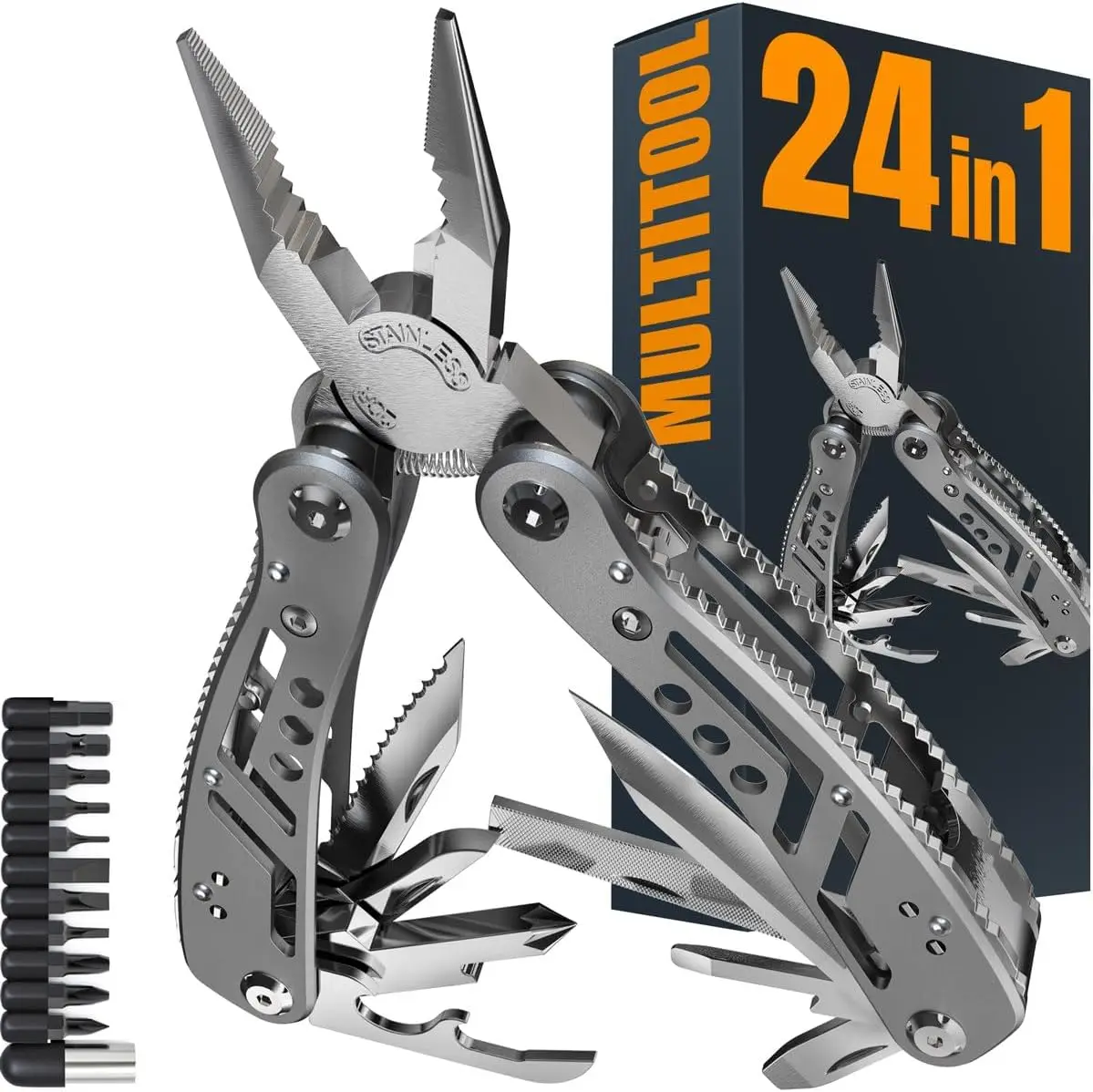 

24-in-1 Multitool with Knife, Pliers & Bits for Camping, Hiking, Survival - Ideal Gift for Men