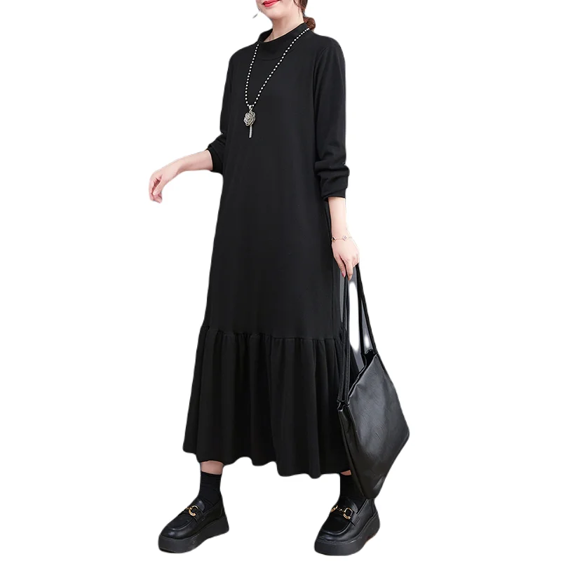 Vestido sereia emaecedor na altura do joelho, soltinho, com gola alta, estilo novo para outono/inverno, preto, camada base.