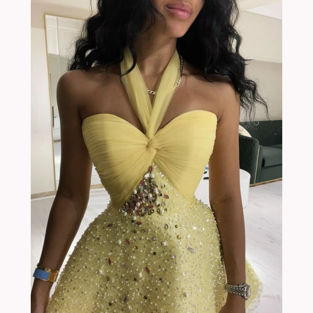

Yellow Halter Neck Short Gown for Women Vibrant Customized Evening Party Dress with Colorful Diamonds Luxury Outfit