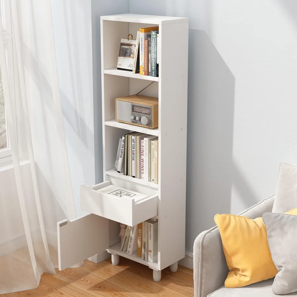 Short Narrow Bookcase With Doors - 59 Inches Wooden High Bookshelf With Legs Floorstanding Small Corner Storage Cabinet Shelf