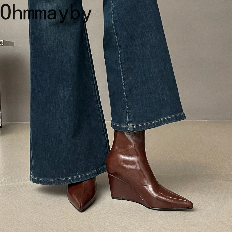 الخريف الشتاء خمر Weges كعب النساء حذاء من الجلد موضة أشار تو متجرد الأحذية الإناث الجلود الناعمة ضئيلة الجوارب القصيرة