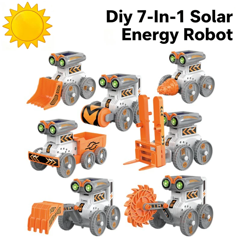 Diy 7-em-1 robô de energia solar brinquedo das crianças escavadeira elevador máquina de perfuração painel deformação fonte de alimentação modelo para meninos presente