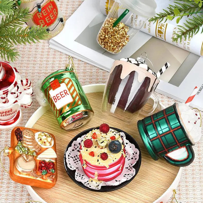 

Creative Christmas Decorations Glass Painted Cake Beverage Food Shaped Pendant Hanging Ornament Christmas Tree Gift