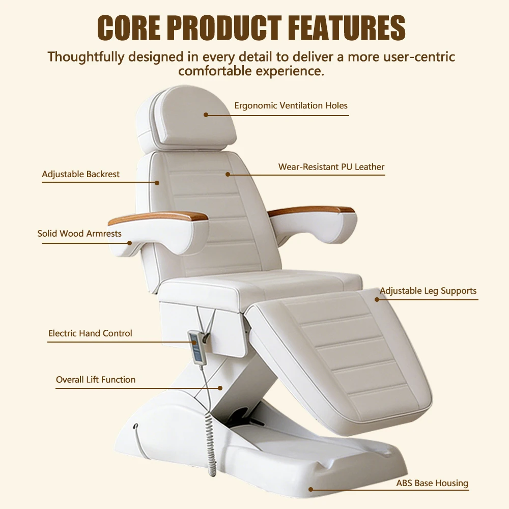 JUESHI Electric Beauty Bed Electric Massage Bed White Wooden Armrests Striped Design with Matching Stool for Salon Spa