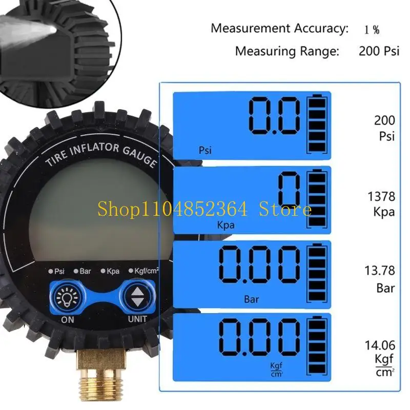 652F Gas Pressure Gauge for w/ Blue Background Light Accuracy 1% Rang to 200psi 1/4''