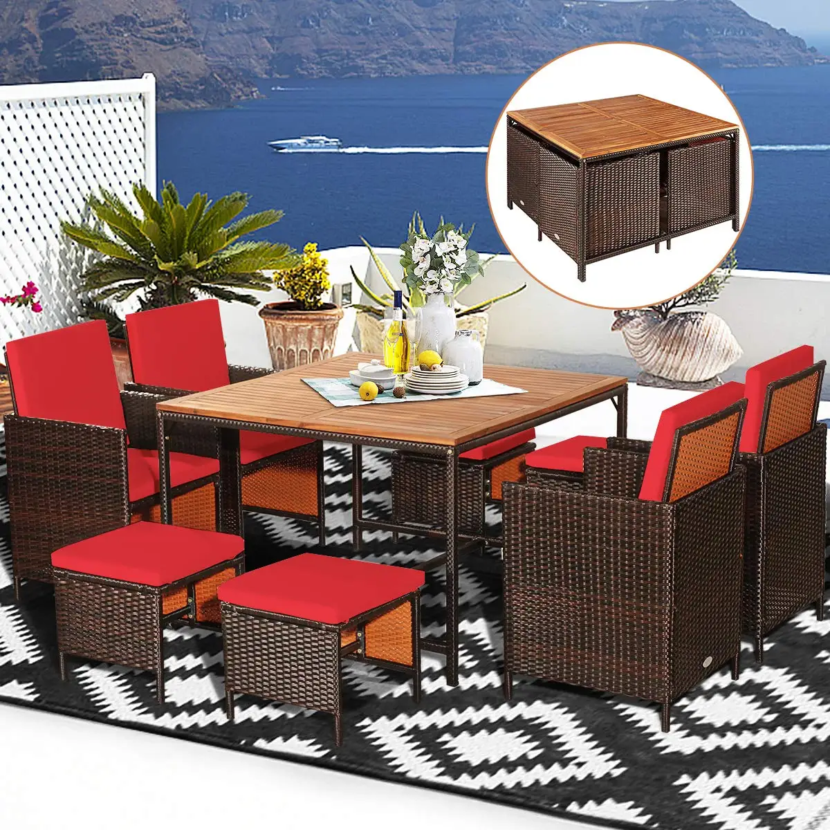 Patio Dining Set 9PCS Acacia Wood Table Wicker Chair Ottoman Cushion Space-Saving Outdoor Backyard Garden, Customized