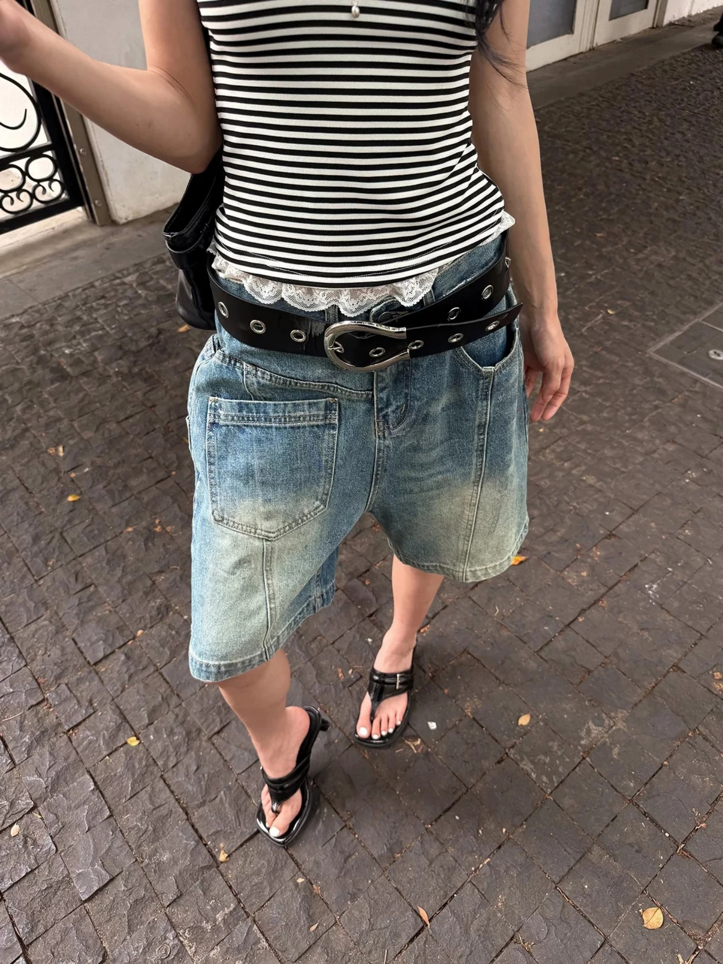 Retro Pocket Straight Leg Denim Shorts Women's Reverse Wear Summer Casual Wide Leg Five-Quarter Pants Street Style Vibe