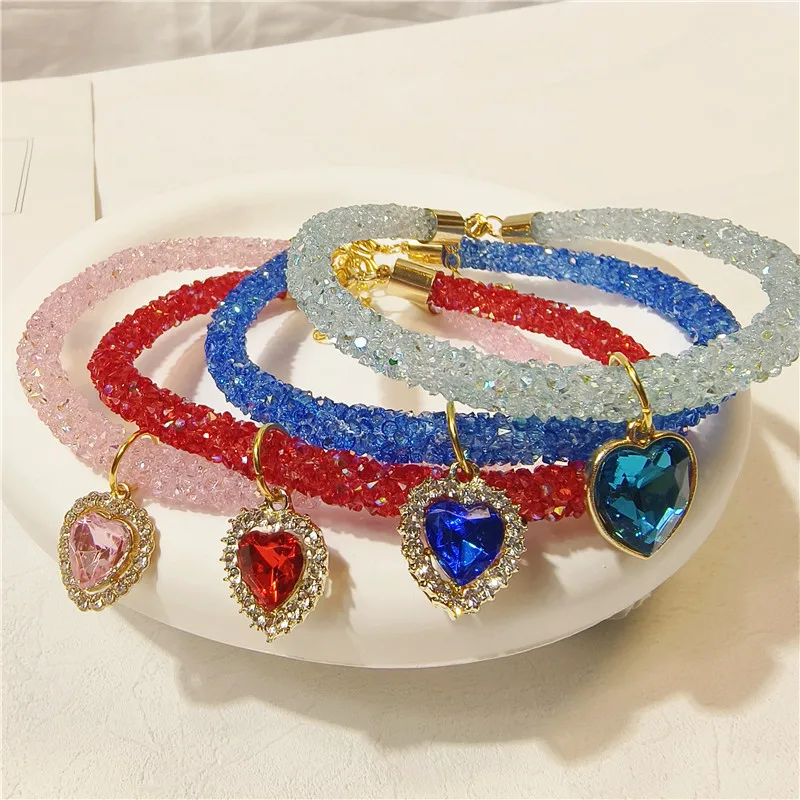 

Pet Fashion Heart Shaped Diamond Pendant Pet Necklace Shining Multi Color Adjustable Cat and Dog Universal Collar
