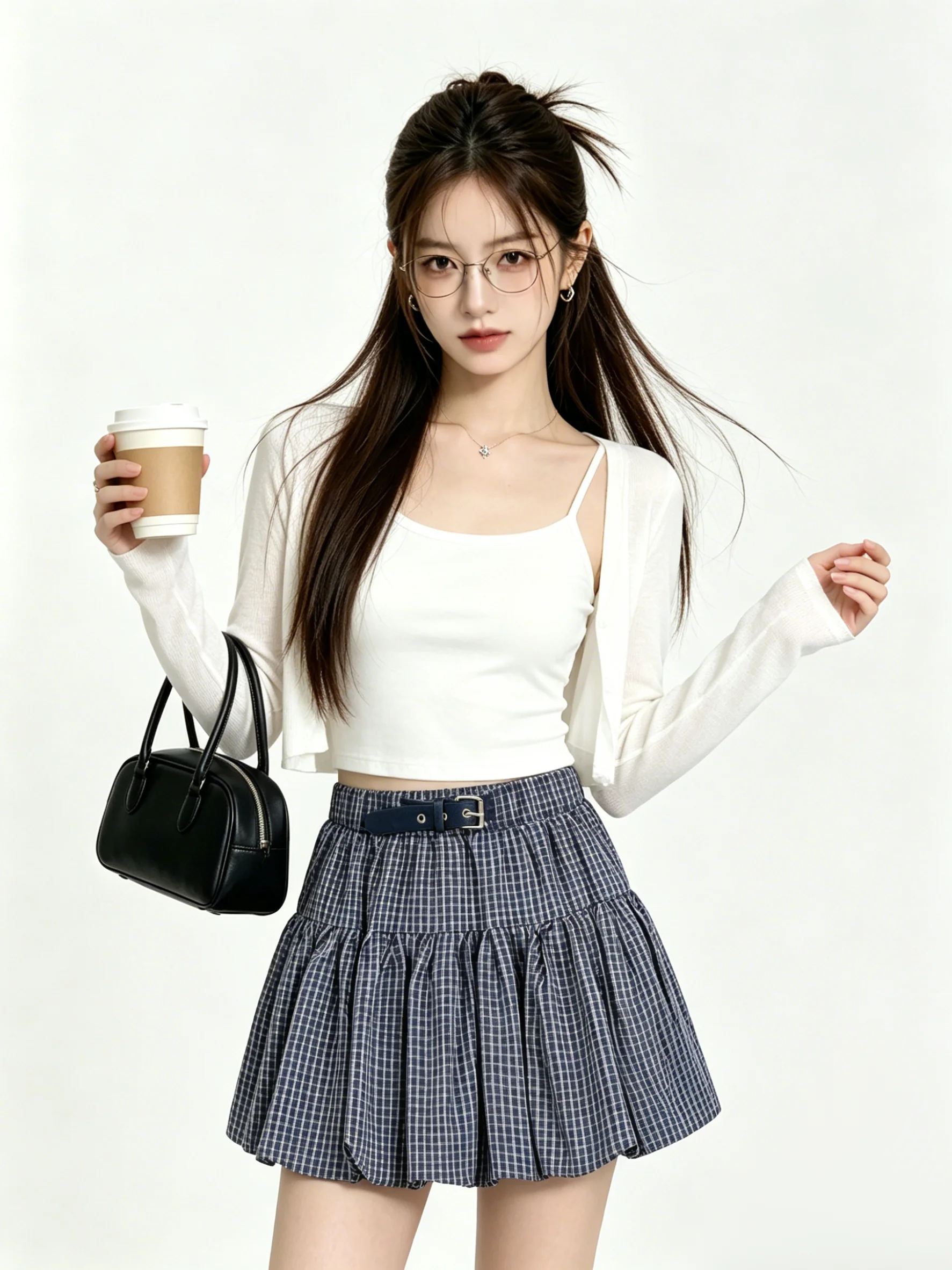 High Waist Padded Short Skirt Korean Style Belted Splice Anti-Light Bloom Print Breathable Skin-Friendly A-Line  Skirt