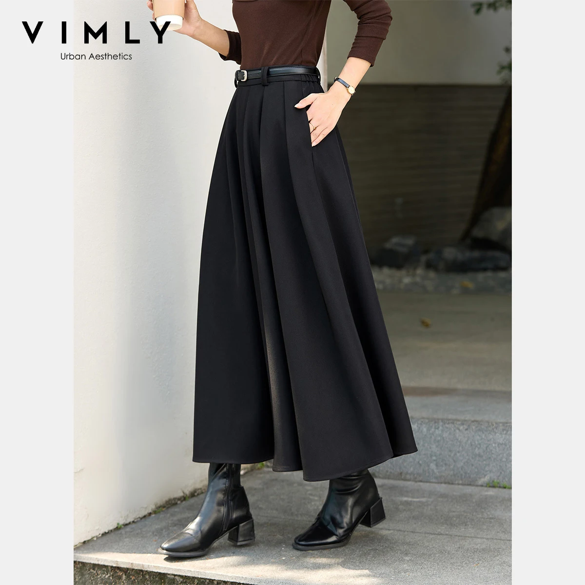 

VIMLY Women's Black Midi Skirt Casual Pleated A-line Ladies Skirt Elegant Solid Long Female Skirts with Sashes Autumn 2025 A3290