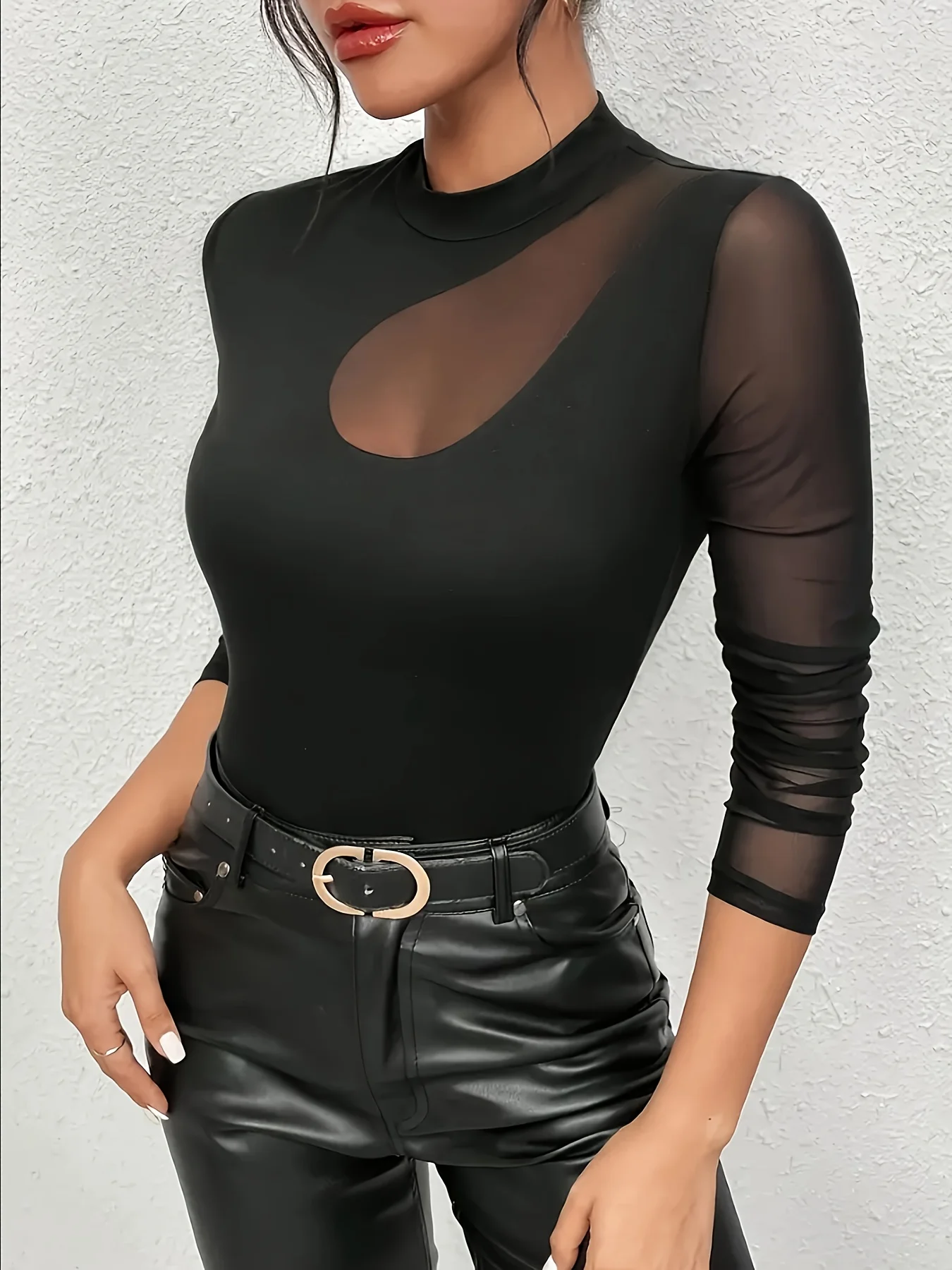 Dark Side Curve Black Mesh Spliced Half Turtleneck Slim-Fit Long Sleeve Hot Girl Bodysuit Top