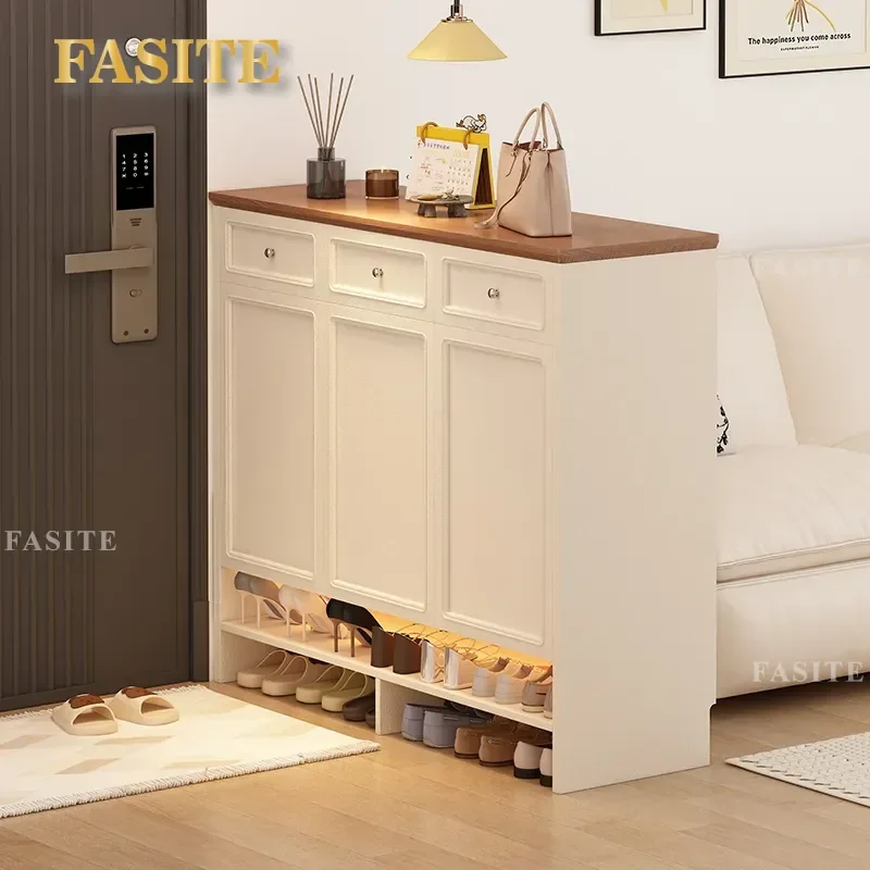 For Japanese Style Solid Wood Shoe Cabinet Entrance Storage with Integrated Partition Medieval Cream Style Shoe Rack Locker