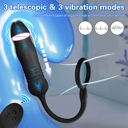 Male Prostate Massager Anal Plug With Penis Ring Telescopic Vibrator Wireless Control Anus Sperm-Locking Ring Sex Toy For Men