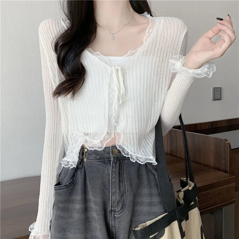 

Jackets Women Crops Sweet Lace Simple Solid Outwear Casual Mujer Long Sleeve All-match Fashion Slim Ladies Korean Style V-neck