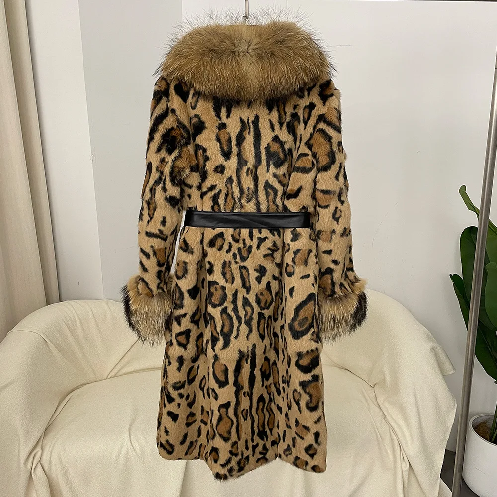2026 Street Oversized Winter Warm Rabbit Fur Jacket Coat Long Leopard Belted Big Lapel Collar Overcoat Female Outerwear Cloting