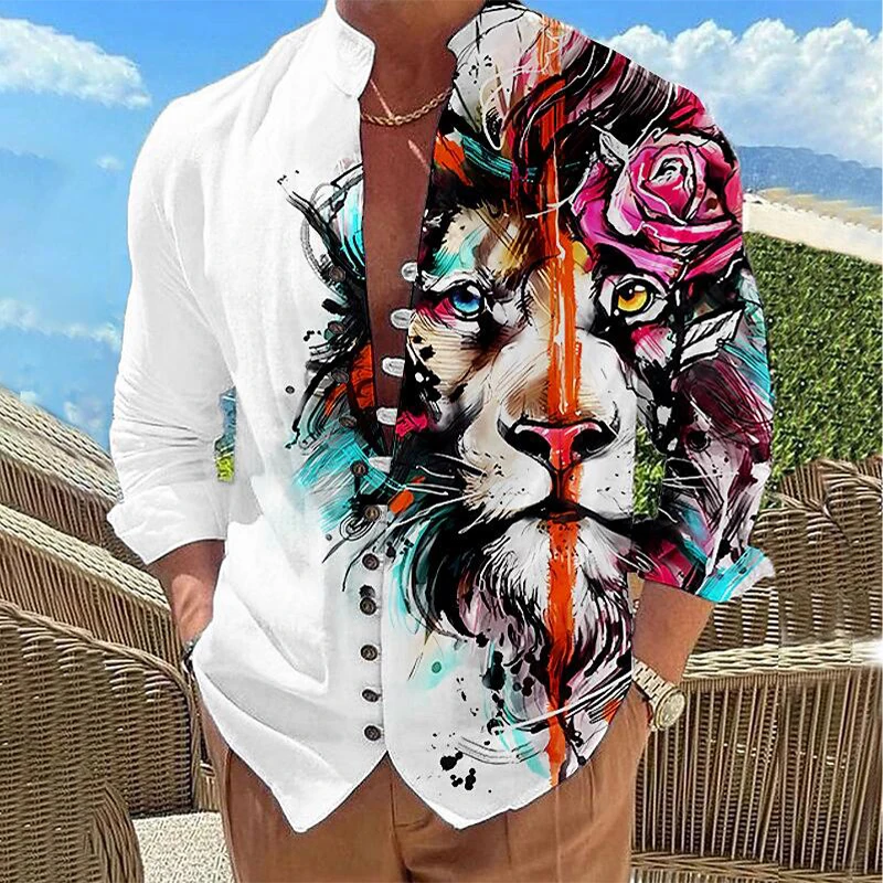 Camisas con estampado con dibujo de León y Animal para hombre, camisa informal a la moda con una botonadura, Top de manga larga con cuello levantado para exteriores