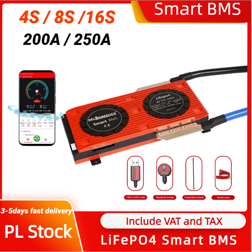 BMS 4S LiFePO4 Battery 250A Smart BMS Board Bluetooth 8S 24V 200A 16S for LiFePO4 48V Battery Pack Daly BMS Solar Power Bank