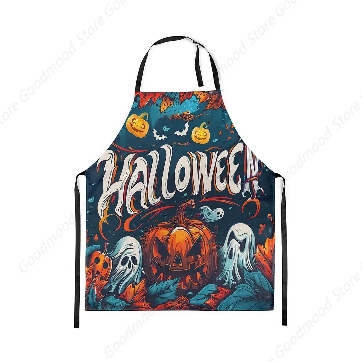 

Happy Halloween Kitchen Apron White Ghost Orange Pumpkin Apron for Adults Watercolor Leaves Graffiti Decorative Waterproof Apron