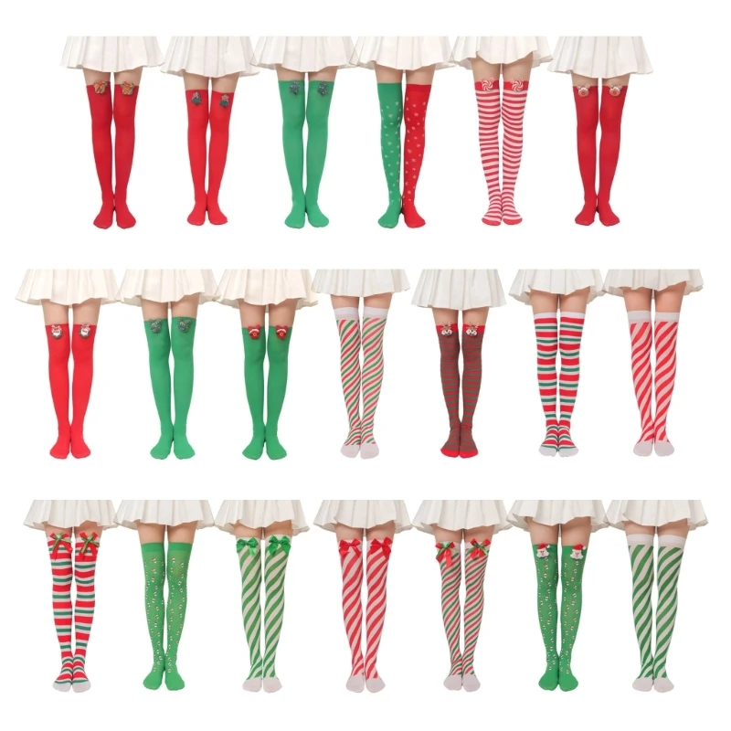 M2EA Christmas Diagonal Striped Silky Over Knee Long Socks Cartoon Plush Toy Bowknot Thigh High Stockings for Woman Clothing