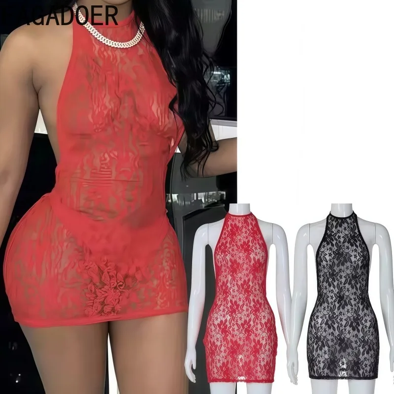 

FAGADOER Sexy Lace Hollow Out Bodycon Mini Dresses Women See Through Sleeveless Backless Dress Female Clubwear Vestidos Summer