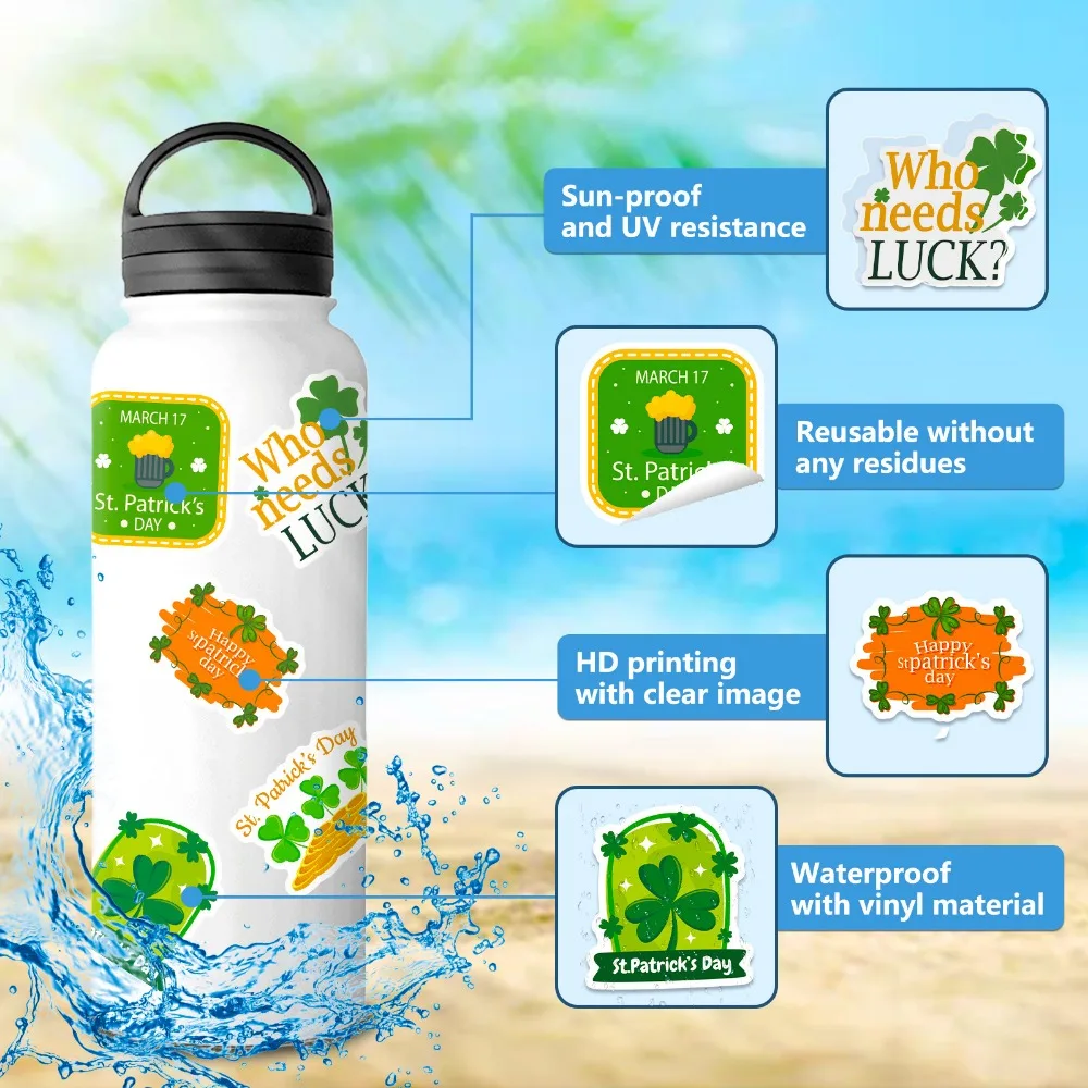 50PCS Happy St. Patrick\'s Day Graffiti Stickers - Waterproof Vinyl Green Four-leaf Clover Decals for Laptops Water Bottles
