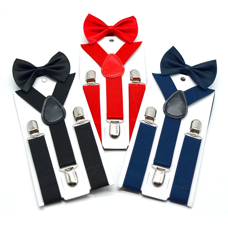 1Set Boys Girls Suspenders Clip-on Y-Back Braces Bow Tie Kids Adjustable Elastic Soild Color Children Belt Bowtie Set