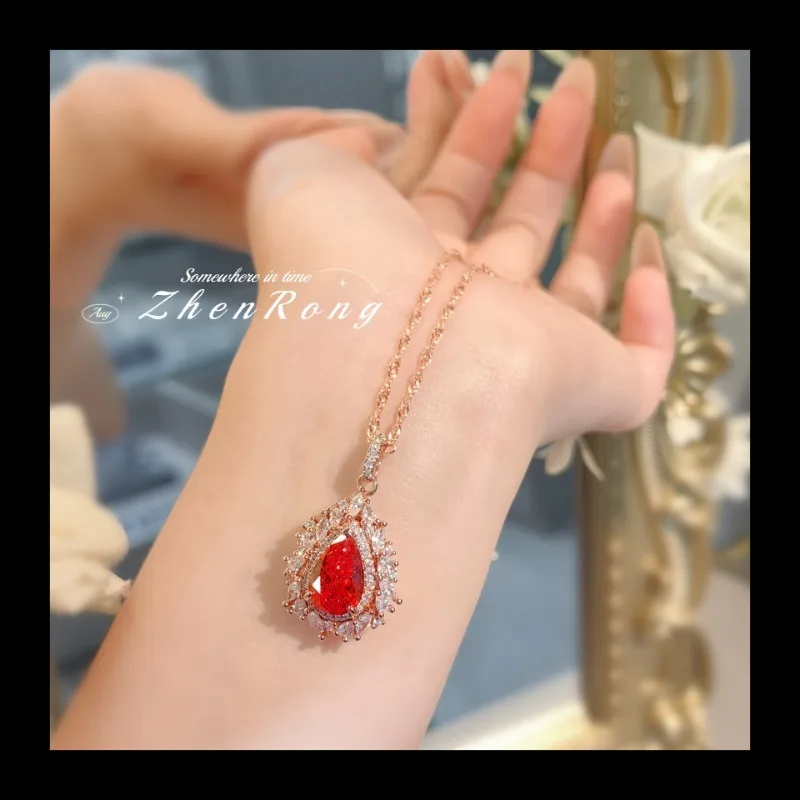 غروب الشمس البرتقالي فانتا الماس الكلاسيكية الأميرة ديانا قطرة الماء قلادة ضوء أزياء فاخرة بسيطة الصينية الأحمر عالية الكربون الماس #2