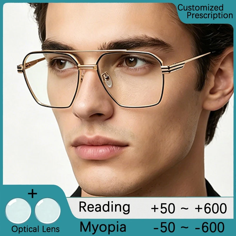 Maßgefertigte Korrekturbrillen für Herren, Metallbrillengestell, Gold, Quadratisch, Pilotenbrille, Myopie-Brillen, Optische Klassische Astigmatismus-Brillen