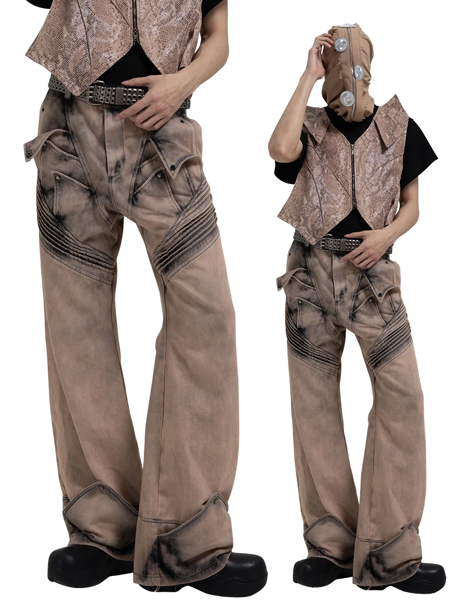 

Wasteland Punk Style Washed To Make Old Profiled Loose Straight Leg Men's Jeans Niche Deconstruction Design