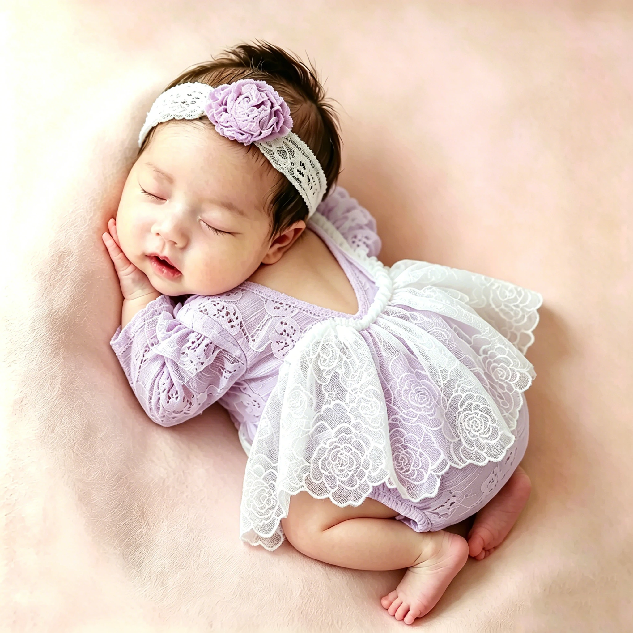 Ylsteed 2 Pieces Set Lilac Newborn Rose Lace Romper Bow Headband Baby Girl Photography Coming Home Outfit