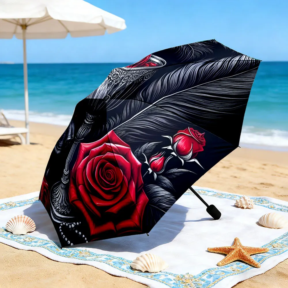 1PC Elegant Wolf and Rose Design Umbrella Print 8 Iron Ribs Folding Umbrella Auto-Open Fashion Sunshade