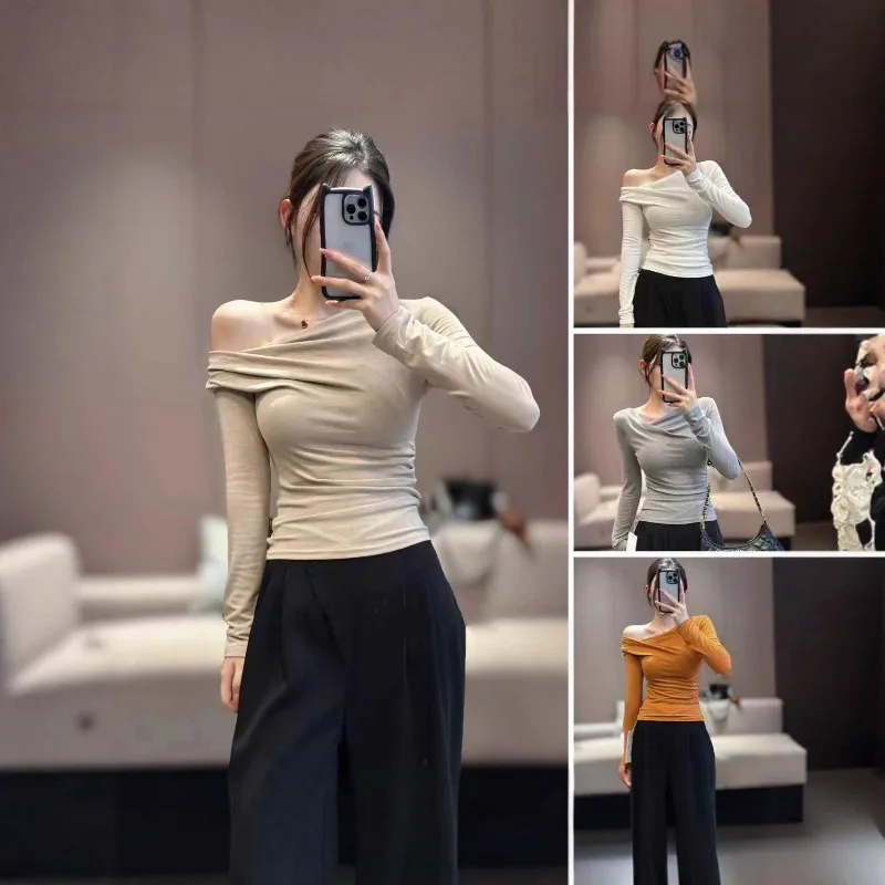 Women T-shirt Autumn New Off-Shoulder Slanting Shoulder One-Shoulder Long Sleeve T-shirt Girls Students Slimming Shirt Student